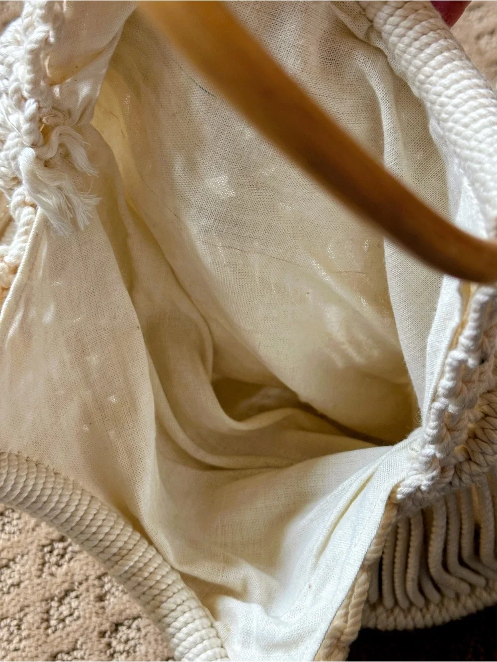 Boho Macramé purse with Wooden Ring handles - Cream